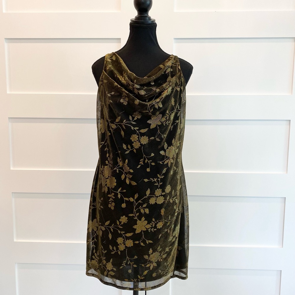 Joseph Ribkoff Black and Gold Sheath Mini Dress Cowl Neck